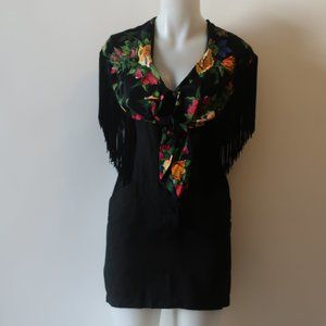 OPTIONS BLACK FLORAL DRESS W/FRINGE SZ 40 EUR/US M